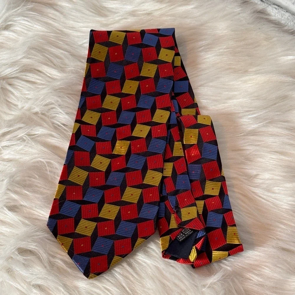 Emilio Romano Silk Tie Handmade‎ Italy Geometric 3D Cube Red Blue Yellow Black